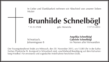 Traueranzeige von Brunhilde Schnelbögl von Pegnitz-Zeitung